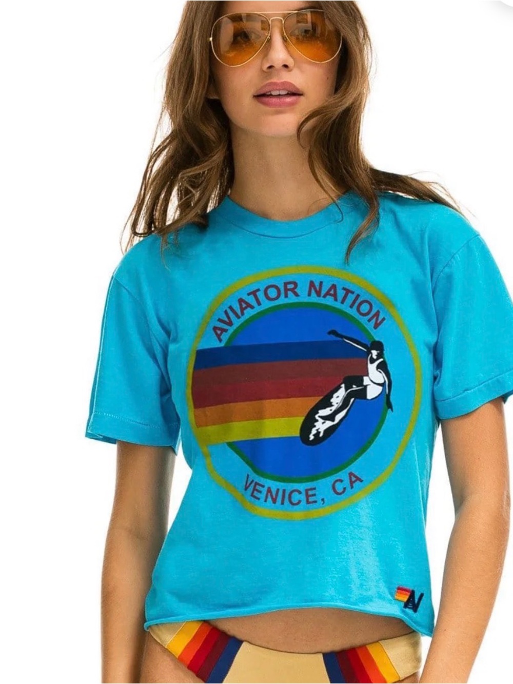 Aviator Nation SIGNATURE VENICE BOYFRIEND TEE - NEON‎ BLUE Size Large